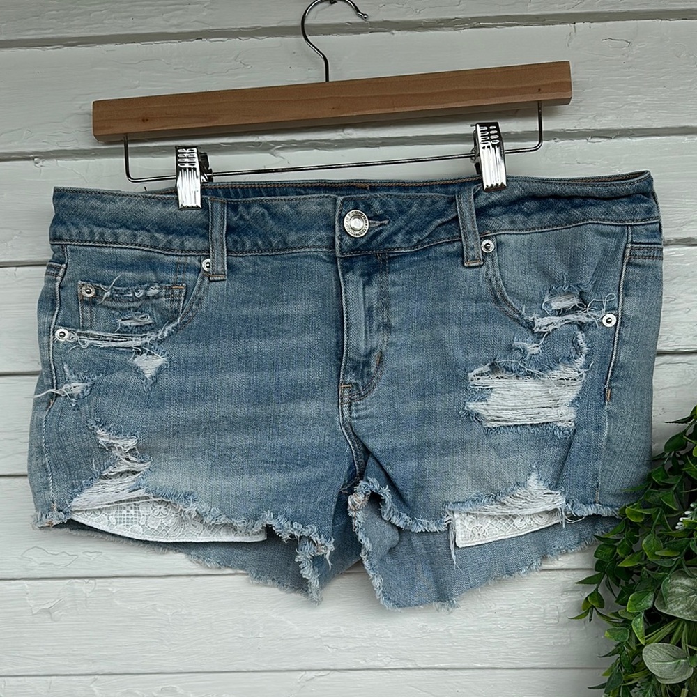American Eagle Outfitters Distressed Jean Shorts with Lace, Super Low Shortie 14